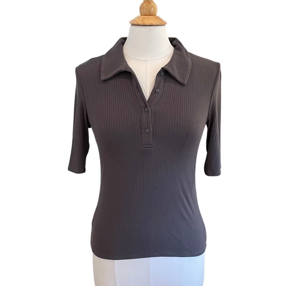 MNG Mango Gray Ribbed Knit Short Sleeve Polo Collared Shirt, Minimalist, Size M